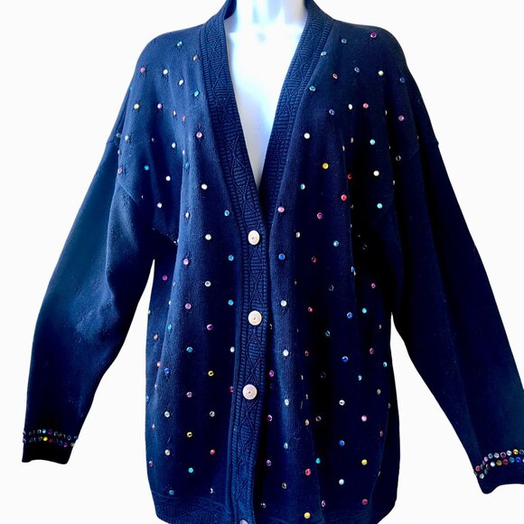 DONYA Z NEW YORK Vintage 80's Black Cardigan Sweater BLING - Picture 2 of 14